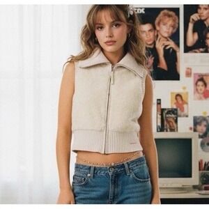 Y2K DKNY Jeans Women Cream Faux Fur Ribbed Knit Full Zip Sweater Vest Size M